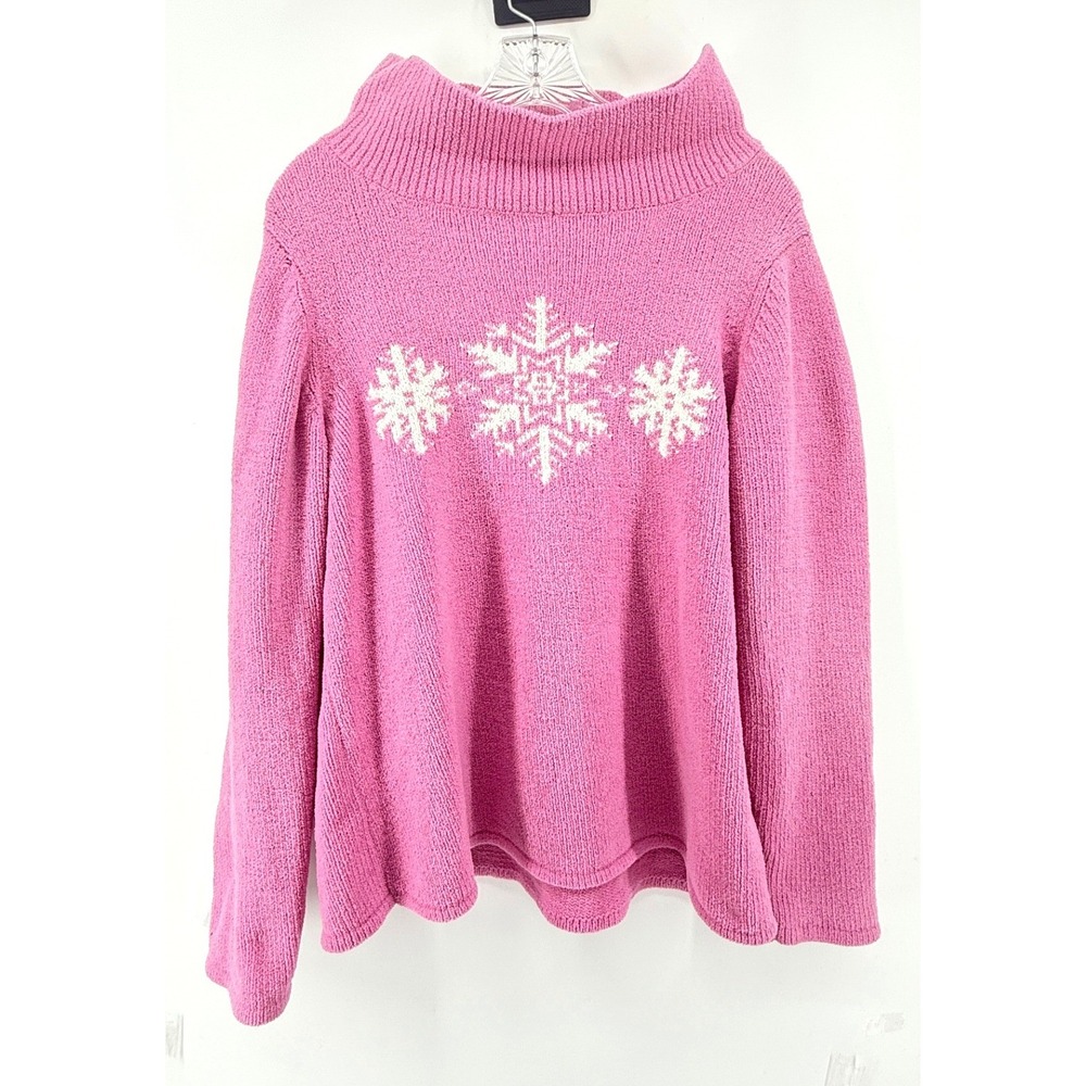 Basic Editions Pink Chenille Snowflake Mock Neck Sweater Womens XL Holiday Knit